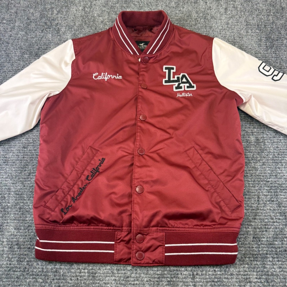 Y2K Hollister LA California Bomber Jacket Burgundy White Varsity Snap‎ Frnt Sz S